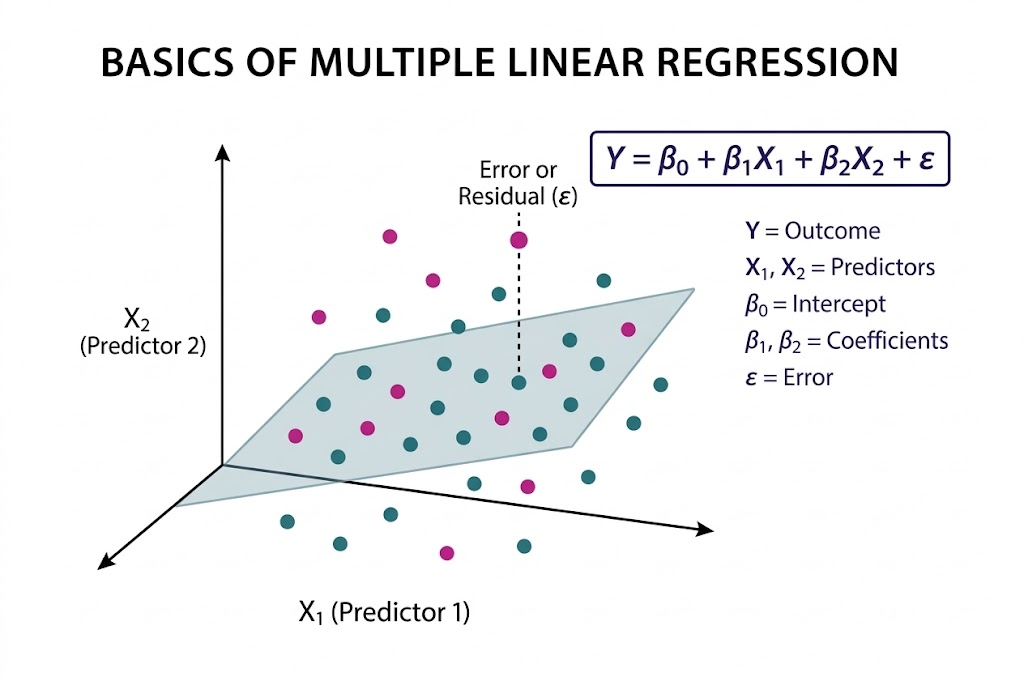 Multiple linear regression showing regression plane and residual
